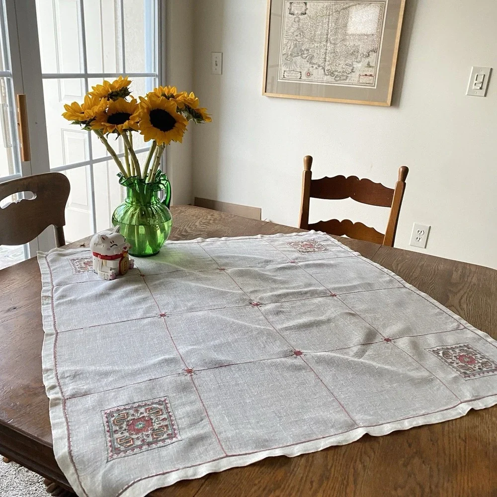 Vintage Handmade Linen Embroidered Tablecloth Square 34x34